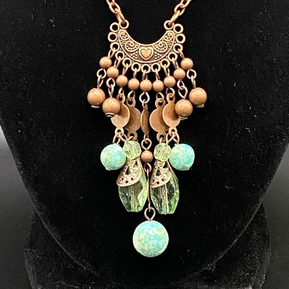 Aged Copper Tone Crescent Pendant with Green Plastic Beads - Free Shipping - Picture 2 of 4